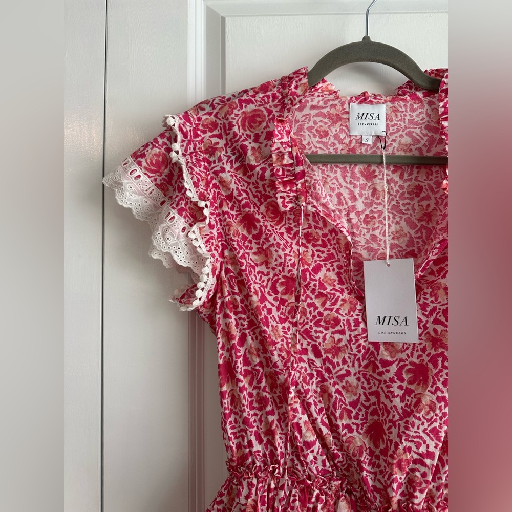 MISA Los Angeles Lilian Dress Pink Animal Floral Tiered Lace Trim NWT Size S - Picture 4 of 12
